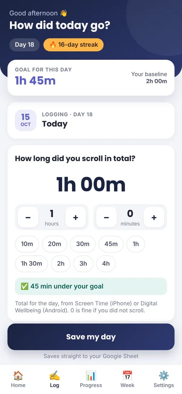 Daily check-in screen showing time under the day's goal